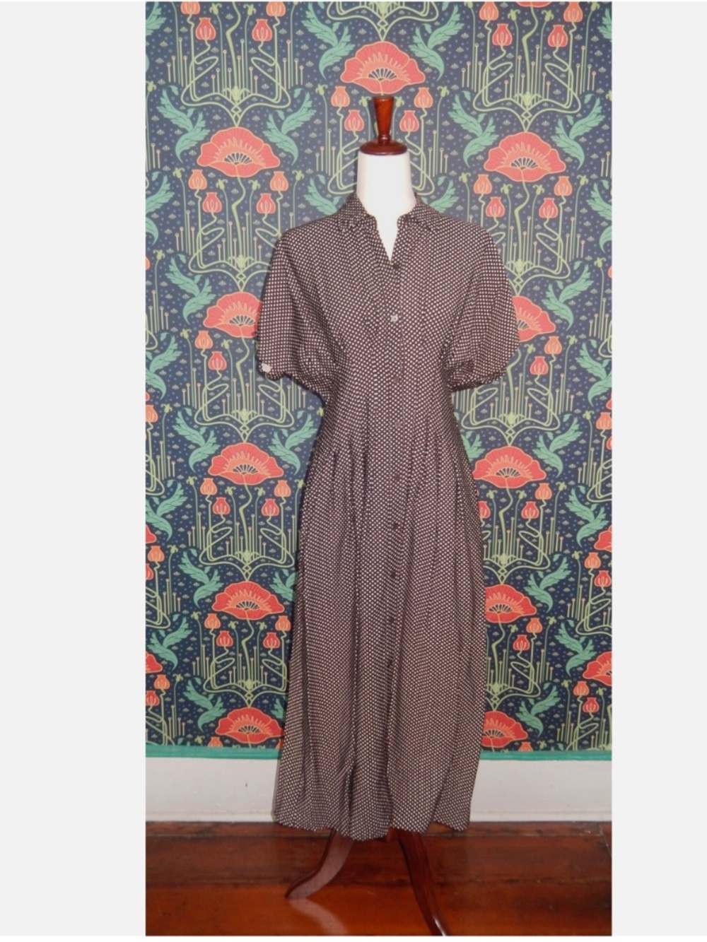 Loft Brown White Polka Dot Pindot Pleated Midi Shirtdress New S - Picture 4 of 9